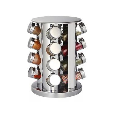 Imagem de Porta Temperos de Inox e Vidro, 16 potes, Giratório. Condimenteira para Cozinha