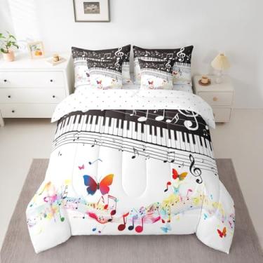 Imagem de Manfei Conjunto de cama casal com chave de piano, 7 peças, tema musical, preto e branco, para crianças, meninas, aquarela, borboleta, preto e branco em uma bolsa com edredom, lençóis, fronhas