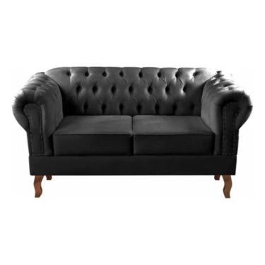 Imagem de Sofá Chesterfield 2 Lugares Dom Pedro Vintage Retrô Capitonê Suede Preto
