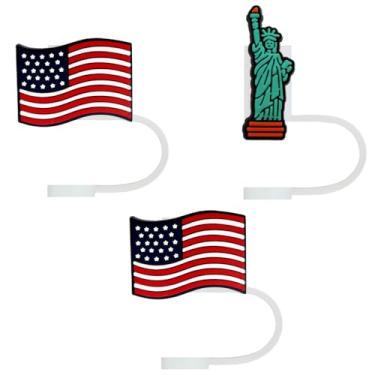 Imagem de STRACOUPI Tampa de palha de silicone com bandeira dos EUA para copos Stanley, acessório decorativo reutilizável, pacote com 3
