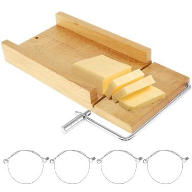 Imagem de Tábua de cortar queijo de madeira com 5 fios de corte de aço inoxidável 26 × 12 × 4,7 × 3,8 cm, tábua de cortar queijo com linhas de escala de grade, tábua de fatiar queijo lavável para cozinha