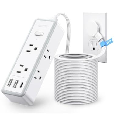 Imagem de NTONPOWER Cabo de extensão branco de 15 pés, 1080 julho protetor de sobretensão, faixa de alimentação com 6 entradas extensas, 3 USB (1 USB C), cabo de extensão de tomada plana, cabo comprido para