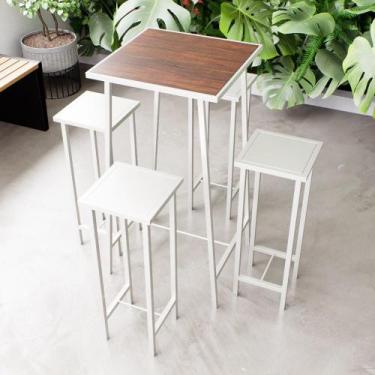 Imagem de Conjunto Mesa Alta Bar Bistrô Imbuia 4 Bancos Branco Botequim Industri