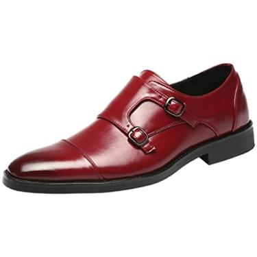 Imagem de Jamron Sapato social masculino Smart Monk Brogues couro genuíno salto de madeira formal, Couro sintético bordô, 36