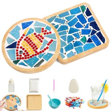 Imagem de EasyTime Kit de porta-copos de mosaico DIY para adultos e crianças – 2 conjuntos completos de artesanato com azulejos coloridos, modelos, cola segura e ferramentas – porta-copos de bambu feitos à mão