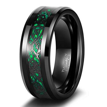 Imagem de TRUMIUM Anel de tungstênio de 8 mm para homens com dragão celta incrustado vermelho/verde alianças de casamento masculinas ajuste confortável tamanho 7-13