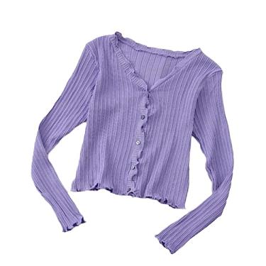 Imagem de Cardigan Feminino De Verão Outono Estilo Coreano Cardigan Tops Cor Sólida Decote Em V Manga Longa Suéter De Malha Babados Casaco Moda Casual Simples Outerwear, Purple