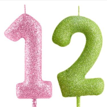Imagem de Vela de aniversário de 12 anos, rosa, verde, glitter, número, 12 velas, decorações românticas de topo de bolo, vela de feliz aniversário para meninas, meninos, mulheres, comemorações, artigos de festa
