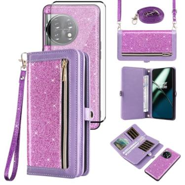 Imagem de Asuwish Capa carteira compatível com OnePlus 11 5G e protetor de tela de vidro temperado, capa flip de couro com glitter, zíper e porta-cartões, capas para celular para One Plus11 1 Plus 1plus11 One+