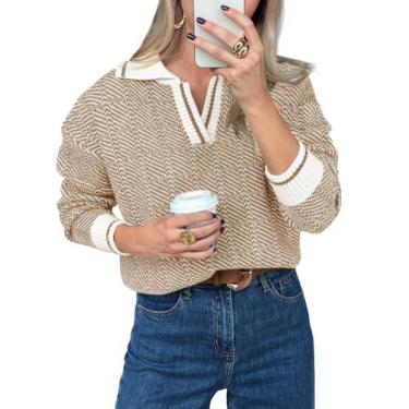 Imagem de Suéter feminino Saodimallsu com decote em V, tricotado, colorido, marr