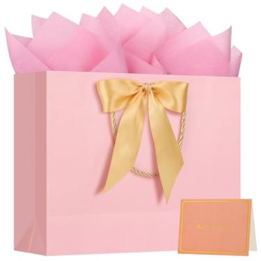 Imagem de 1 bolsa de presente grande com fita e 1 cartão comemorativo, 2 lenços de papel, bolsa de presente de papel portátil com alças (rosa)