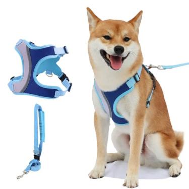 Imagem de Peitoral antipuxão para cães com conjunto de coleira para todos os climas de malha ajustável Step in Fashion Splicing Escape colete para cães pequenos e médios, cachorrinhos, gato grande, azul M