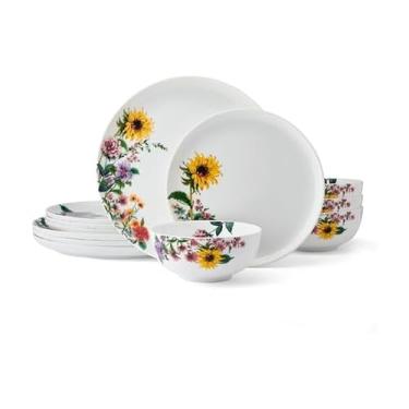 Imagem de Mikasa Garden of Petals Bone China Conjunto de louça leve resistente a lascas de 12 peças, serviço para 4, branco