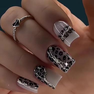 Imagem de RIICFDD Unhas postiças quadradas curtas para outono, unhas postiças cinzentas, leopardo, pregos prateados, purpurina, cobertura total, cola artificial brilhante para mulheres, meninas, 24 peças
