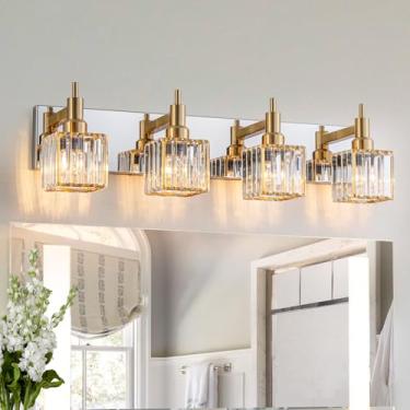 Imagem de HUOKU Luminária de banheiro de cristal dourada cromada 4 luzes modernas para banheiro sobre espelho arandela de parede de cristal quadrado