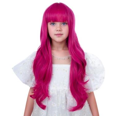 Imagem de Edivd Peruca rosa choque para meninas e crianças, peruca longa rosa vermelha com franja infantil longa roxa rosa ondulada peruca sintética resistente ao calor com touca de peruca