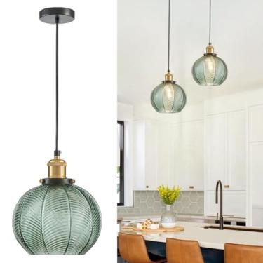 Imagem de ZRPSSGE Luminária Pendente De Vidro Listrado Verde, Pendente De Vidro Esférico Medieval, Luminária Pendente Ajustável Com Cordão, Luminária Pendente De Teto Preta, Lustre Para Lofts, Lustre Para Qu