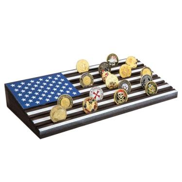 Imagem de ExoLiry Wooden Military Challenge Coin Display Stand USA National Flag American Star Spangled Banner Tabletop Holder Multiple Row Storage Tilted Surface Home Office Command Post Gift Veteran Soldier