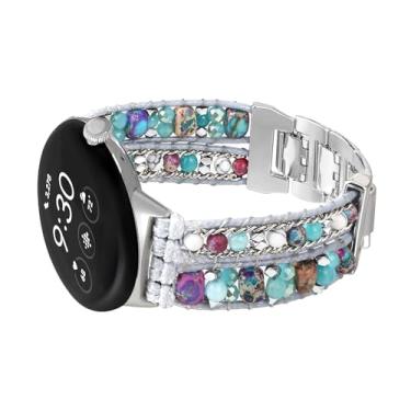 Imagem de CHARMINGO Pulseiras de couro boho compatíveis com Google Pixel Watch 1/2/3 de 41 mm, pulseira de pedra natural, pulseira elegante de substituição para Google Watch, prata