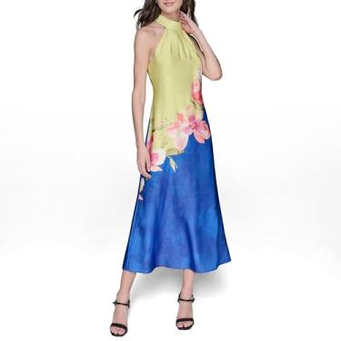 Imagem de Karl Lagerfeld Paris Vestido longo feminino sem mangas com gola única, Verde cítrico safira brilhante multi, 42