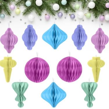 Imagem de Nezyo Bolas de favo de mel de papel de Natal, pompons de festa, enfeite de lanterna de papel decorativo em formato especial para árvore de Natal em casa, decoração de festa de Natal (cores macaron, 12