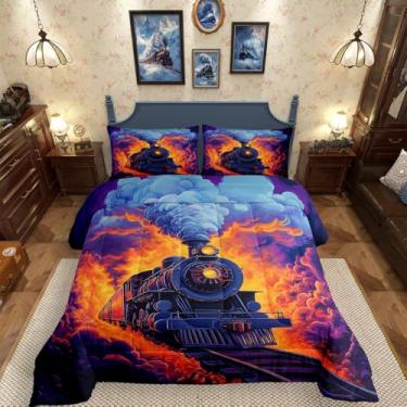Imagem de Erosebridal Conjunto de cama solteiro vintage, locomotiva, retrô, trem a vapor, com enchimento de edredom roxo para crianças, adultos, adolescentes, meninas, transporte ferroviário