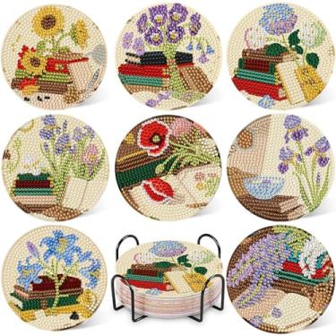 Imagem de DOTZSO 8 peças de kits de porta-copos de arte de diamante com suporte, porta-copos de pintura de diamante para adultos iniciantes, decoração de casa abstrato, presentes divertidos para mulheres