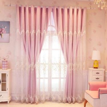 Imagem de Cortina moderna bordada de camada dupla blackout para sala de estar, painel de decoração de voile blackout de deck duplo, para quarto/varanda/cortina de isolamento térmico, 1 peça, rosa L 250 x A 250