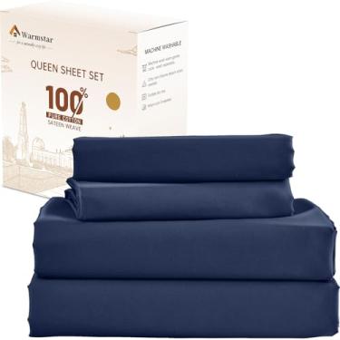 Imagem de Warmstar Jogo de lençol casal 100% algodão, 600 fios de cetim de algodão macio, bolso profundo, 4 peças, 1 lençol de cima, 1 lençol com elástico, 2 fronhas, azul marinho