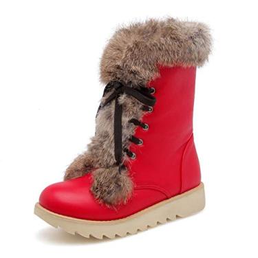 Imagem de Bigfanshu Botas femininas de inverno com plataforma antiderrapante de pele femininas impermeáveis no tornozelo botas de neve quentes sapatos de salto anabela moda ao ar livre para ocasiões de abertura com gancho e laço botas de combate acima do joelho, Vermelho, 34 BR