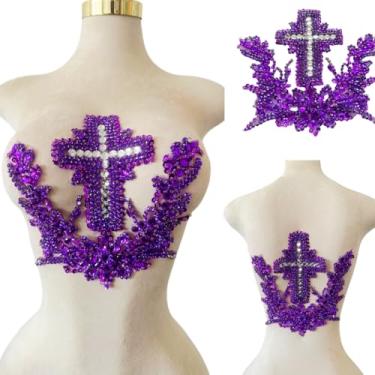 Imagem de Patch bordado feito à mão com contas cruzadas, aplique de strass feito à mão, design criativo, decoração de roupas para vestido de casamento antecessor ou terno masculino nas costas (roxo)