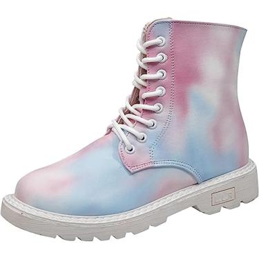 Imagem de Botas de combate de trabalho femininas bico redondo botas de cano curto com estampa tie dye bico redondo salto baixo botas modernas com cadarço, Multicolorido, 34 BR