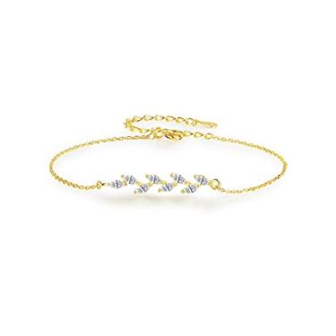 Imagem de EFASHION Pulseira feminina banhada a ouro 14K 925 prata esterlina design criativo zircão ramo de oliveira, Medium, Ouro branco, Pedra preciosa de zircônia sintética