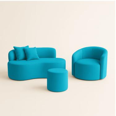 Imagem de Conjunto 01 Poltrona + Sofá  e 1 Puff Curvo Orgânico Nature Gaia Sued  Azul Turquesa  - Montanaris Decor