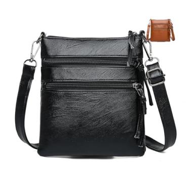 Imagem de Bolsas transversais para mulheres, bolsa de ombro casual de couro com vários bolsos para mulheres, bolsa de ombro com alça ajustável com borla, Preto, Bolsa carteiro de couro