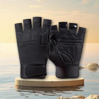 Imagem de Um par de luvas pretas de fitness de meio dedo, luvas de treinamento de ciclismo para esportes ao ar livre e meio dedo, proteção de ventilador resistente ao desgaste e absorção de choque