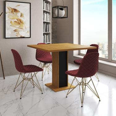 Imagem de Mesa Jantar Londres Quadrada Canela 90Cm Base Preta 4 Cadeiras Eames Estofadas Vermelho Base Dourado