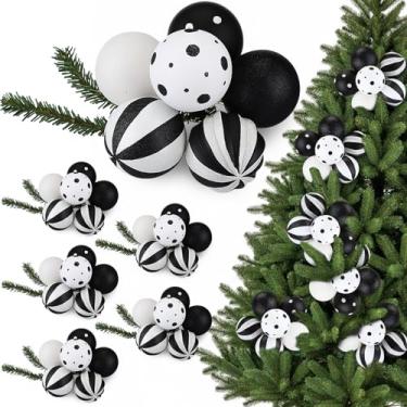 Imagem de Knitgrip Conjunto de 6 enfeites de bola de Natal com laços, 36 peças de enfeites de bola de Natal à prova de estilhaçamento de plástico preto e branco para decoração de guirlanda de árvore de Natal