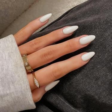 Imagem de Pregos em forma de amêndoa branca leite, unhas postiças médias, unhas postiças, unhas de acrílico de amêndoa, cola nas unhas, comprimento médio, unhas postiças para mulheres, 24 peças