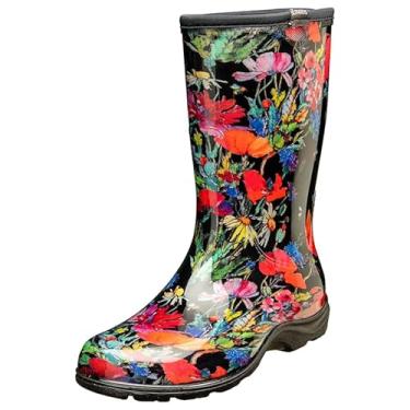 Imagem de Sloggers Botas de chuva femininas à prova d'água para jardim – lindas botas de lama e lama no meio da panturrilha com palmilha de suporte de conforto premium (In Fields Black), (tamanho 8)