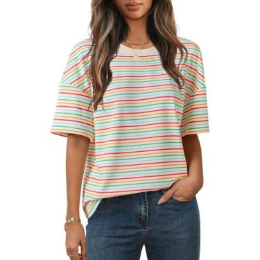 Imagem de Camisa feminina MEROKEETY de verão de manga curta listrada branca