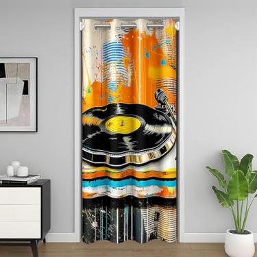 Imagem de jejeloiu 83s Capa de cortina divisória de sala de disco de vinil retrô 106,66 x 213,4 cm capa de armário de música vintage toca-discos notas musicais cortina de porta de músico para decoração de