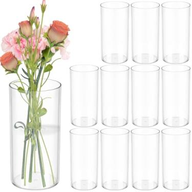 Imagem de Vaso cilíndrico de plástico, 12 peças, vaso cilíndrico de 20 cm, recipiente de flores transparente a granel, suporte de vela de furacão, redondo e largo, peça central para decoração de casamento e