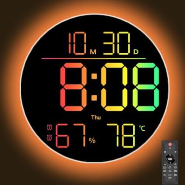 Imagem de QINFIEY Relógio de parede LED de 25 cm com luz ambiente RGB, regulação automática, cor/hora/data/temperatura/umidade RGB, alarmes duplos e temporizador, brilho de ajuste, relógio redondo digital para