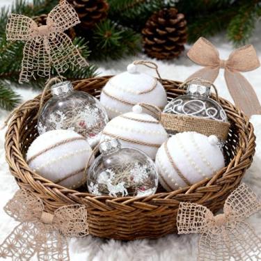 Imagem de Kathfly 21 peças de enfeites rústicos de bola de Natal boho, 9 peças de decoração de árvore de Natal de linho inquebrável de 8 cm, 12 laços de serapilheira, ornamentos de casa de fazenda para