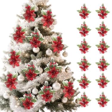 Imagem de Conjunto de 12 enfeites de Natal em forma de poinsétia da AQWS,Flores Artificiais Decorativas,Palitos Artificiais,Flores Artificiais de Natal com Clipes para Decoração Floral de guirlanda(vermelho)