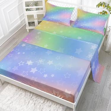 Imagem de Smell Sunshine Jogo de lençol solteiro com estampa de estrelas brancas arco-íris, 4 peças, para adolescentes, meninos, meninas, com 1 lençol de cima e 1 lençol com elástico + 2 fronhas (estrelas