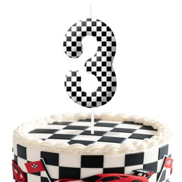 Imagem de Velas de aniversário número 3 de carros de corrida, preto e branco, com tema de bandeira quadriculada para meninos e meninas, decorações de bolo para aniversários, suprimentos de festa com tema de