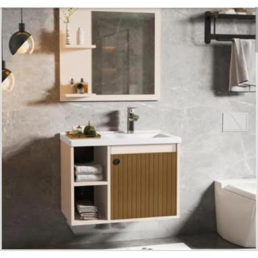 Imagem de Conjunto Gabinete com Espelheira e Cuba para Banheiro Adonis 60cm Pérola com Adesivo Ripado - Ofertamo