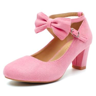 Imagem de Rjclyh Sapato feminino de salto grosso com laço fofo Mary Jane com alça cruzada para casamento, festa de casamento, formatura, Veludo rosa, 38